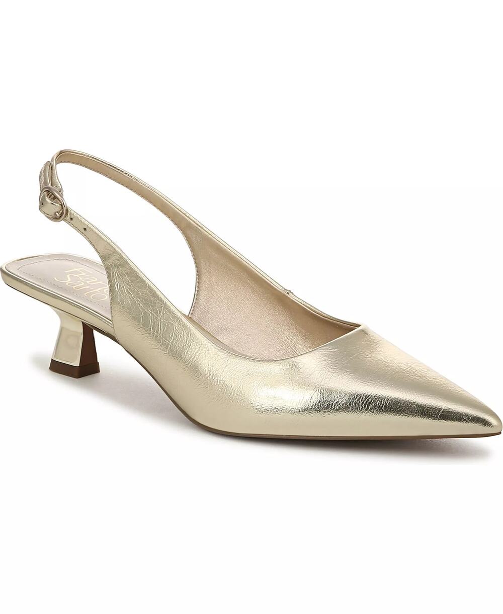 Franco Sarto Jaden Leather Pointed Toe Slingback Kitten Heels Platino Gold 9